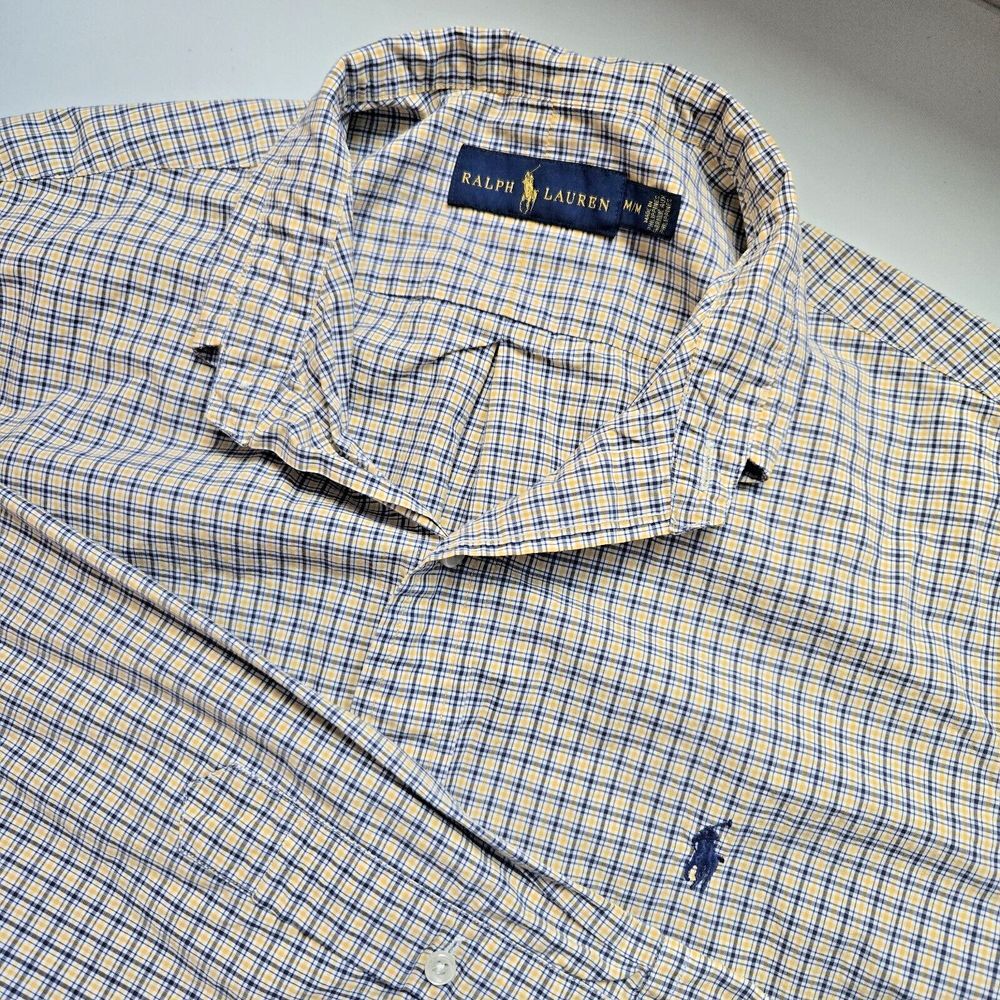 Ralph Lauren Button Down Long Sleeve Shirt M Blue‎ Yellow Plaid Mens Pony Cotton